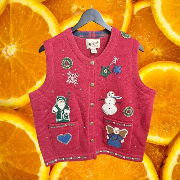 Woolrich Vintage Christmas Vest Holiday‎ Santa Snowman Applique Wool Red Medium - Picture 2 of 10